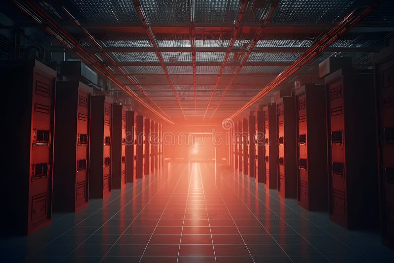 Centru de prelucrare a datelor. camera serverului în lumină roșie. rețea neuronală generată vector illustration