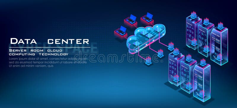 Data processing and cloud computing isometric concept. Server room for storing and processing information through web hosting. Ser royalty free illustration