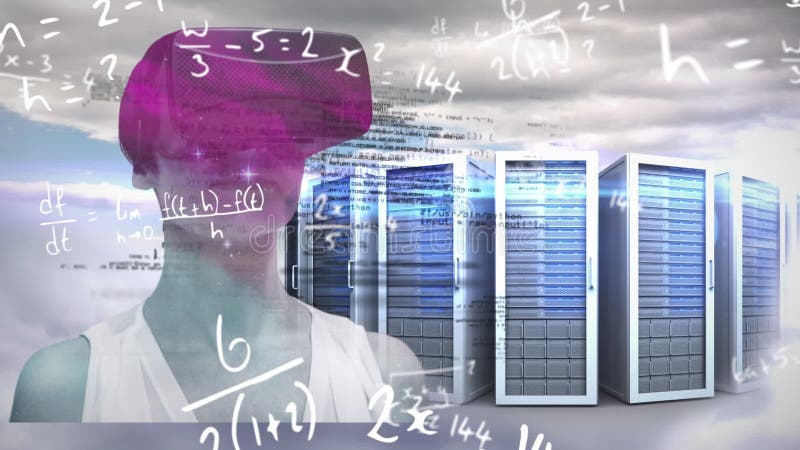 Data processing, mathematical equations floating with woman wearing VR royalty free illustration