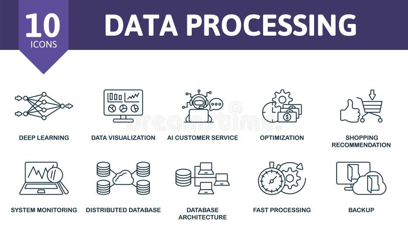 Data processing outline set. Creative icons: deep learning, data visualization, ai customer service, optimization royalty free illustration