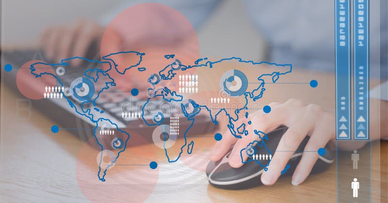Data processing over world map against mid section of person using computer. global business and technology concept