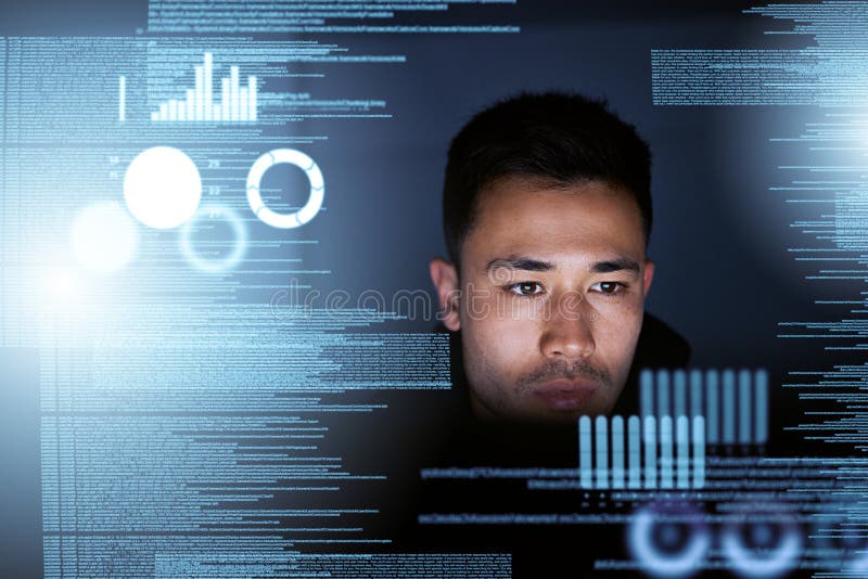 Data, programmer and man with focus, hologram or cyber security with website information, futuristic or night. Male royalty free stock photo