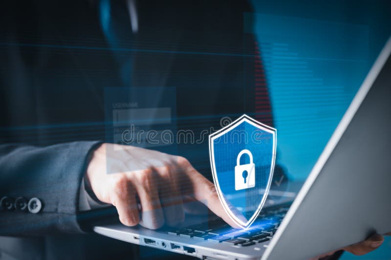 Data protection, business or software engineer press shield icon on laptop keyboard, Insurance Business computer security concepts royalty free illustration