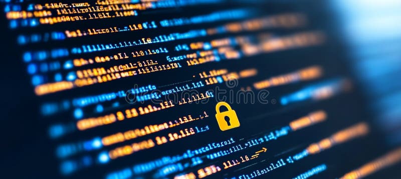 Data Protection Close-up of Programming Code with a Security Lock Icon, Representing Cybersecurity royalty free illustration