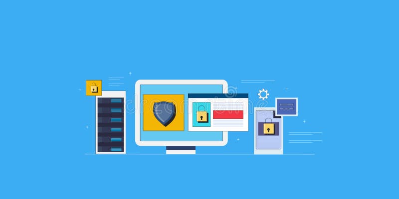 Data protection and cyber security concept. Secure website login, server security, anti virus protection. vector illustration