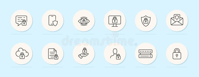 Data protection line icon. File, lock, cloud save, user, monitor, security, internet tethering. Pastel color background Vector line icon.