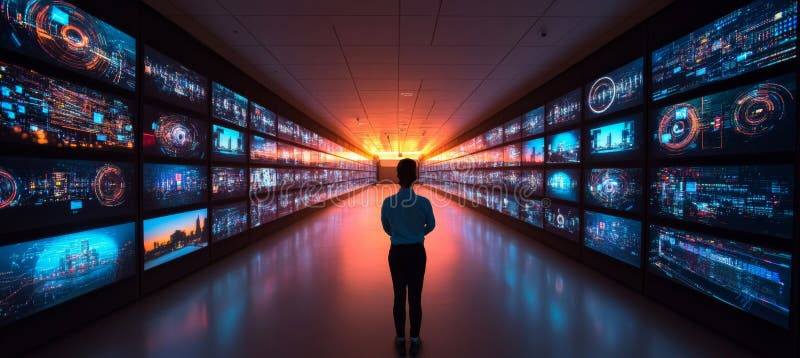 Data Protection And Network Monitoring Person Navigating Wall Of Luminous Digital Displays stock illustration