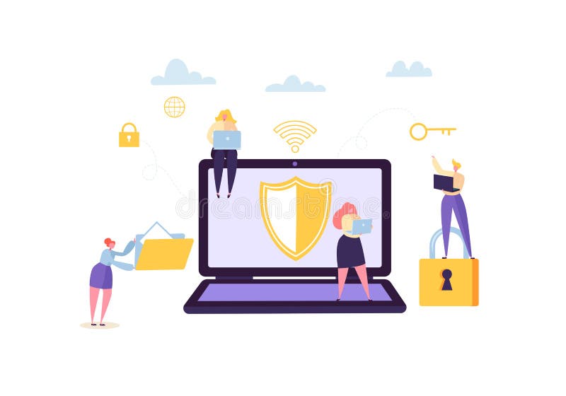 Data Protection Privacy Concept. Confidential and Safe Internet Technologies with Characters Using Computers and Gadgets stock illustration Data Protection Privacy Concept. Confidential and Safe Internet Technologies with Characters Using Computers and Gadgets stock illustration