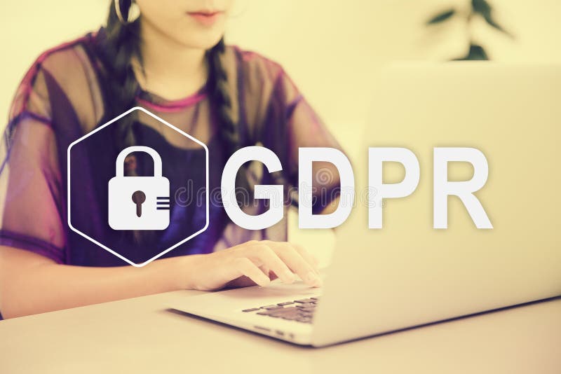 Data Protection Regulation. Beautiful young Asian girl working at a coffee shop with a laptop stock photos Data Protection Regulation. Beautiful young Asian girl working at a coffee shop with a laptop stock photos