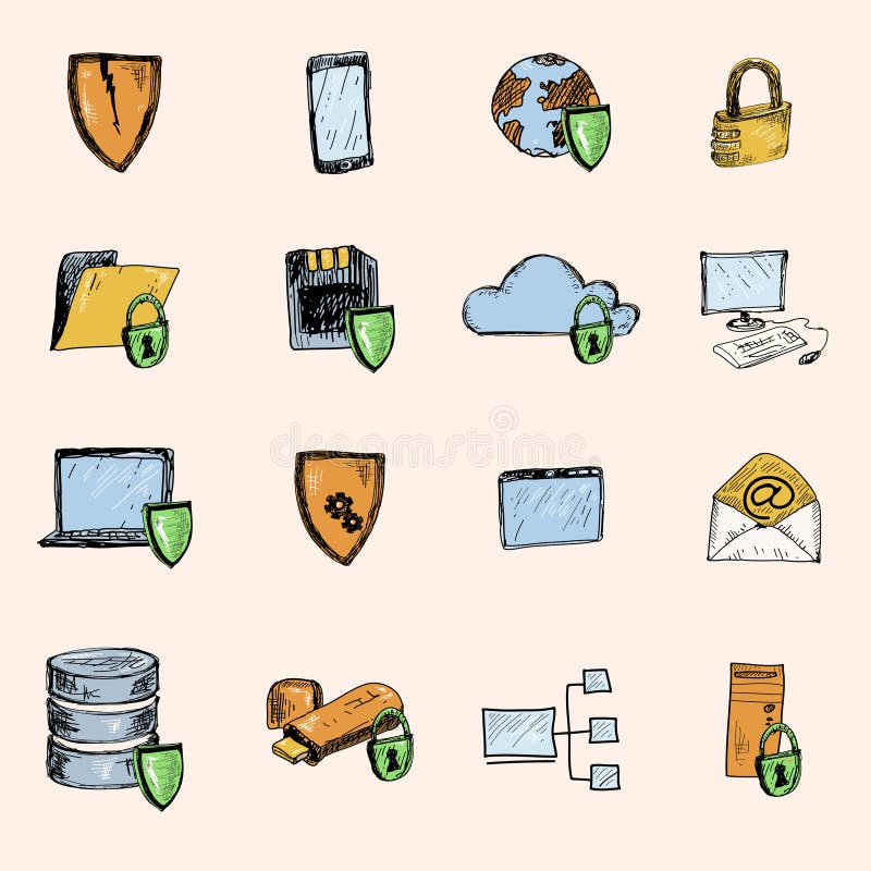 Data protection sketch icons colored