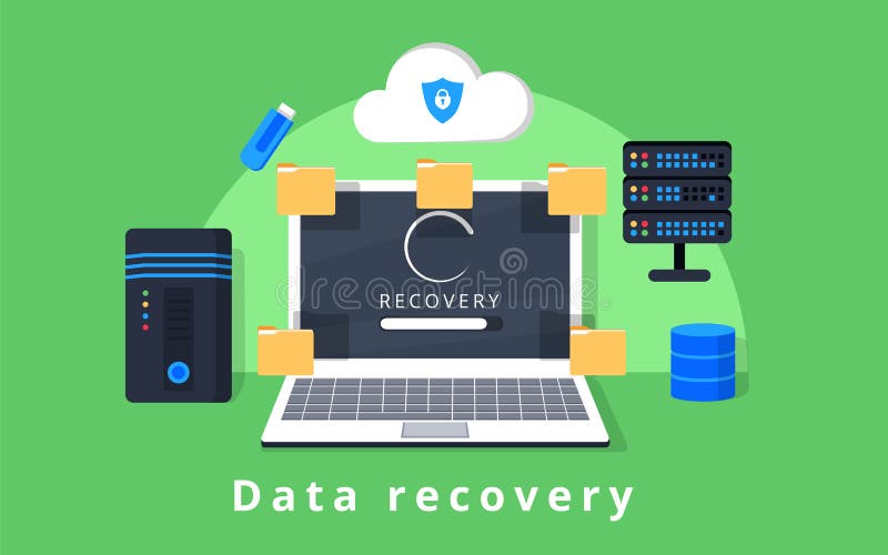 Data recovery, data backup, restoration and security flat design vector with icons vector illustration