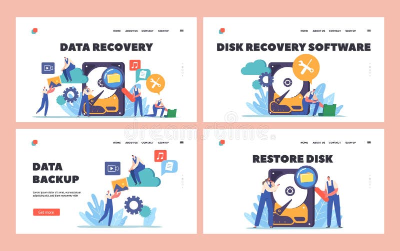 Data Recovery Landing Page Template Set. Tiny Workers Characters with Tools around of Huge Hard Disk. Information Backup stock illustration