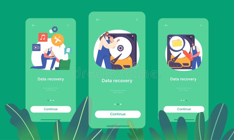 Data Recovery Mobile App Page Onboard Screen Template. Characters Fixing Data And Information Storage, Backup stock illustration