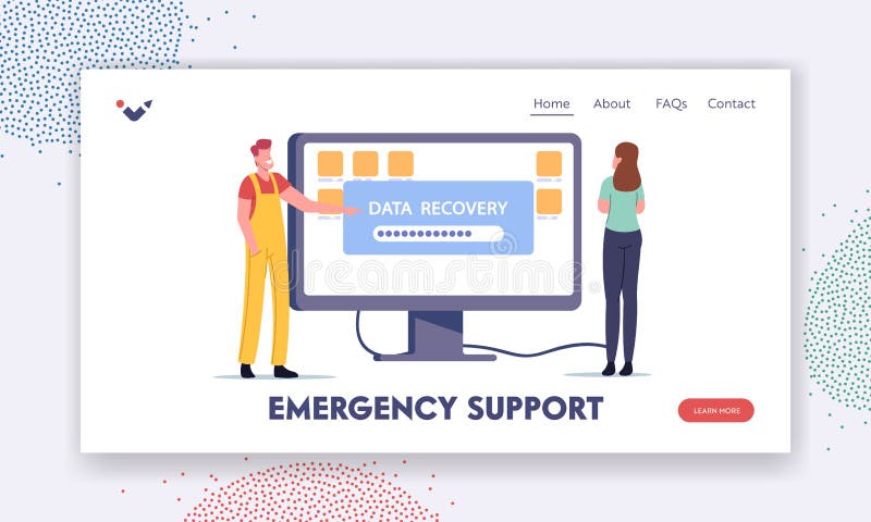 Data Recovery Service, Backup, Hardware Protection Repair Landing Page Template. Tiny Worker Character Client Support vector illustration
