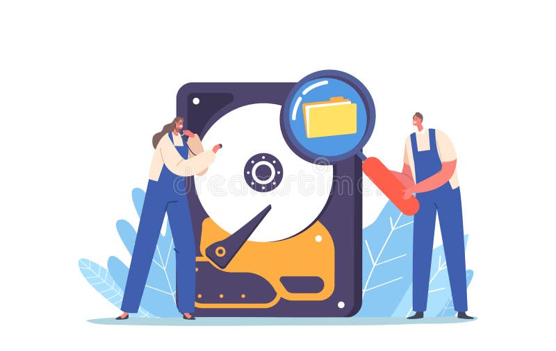 Data Recovery Service, Backup, Information Protection, Hardware Repair Concept. Tiny Workers in Uniform Restore Files royalty free illustration