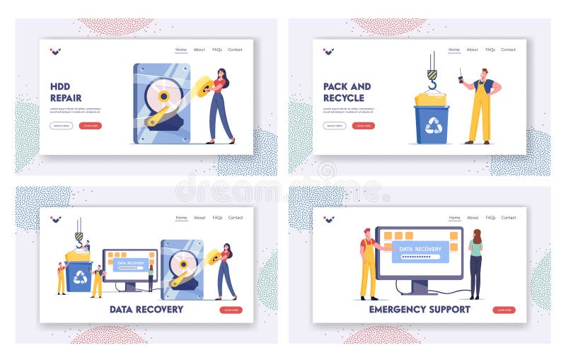 Data Recovery Service, Backup, Protection, Hardware Repair Landing Page Template Set. Tiny Characters in Worker Uniform stock illustration