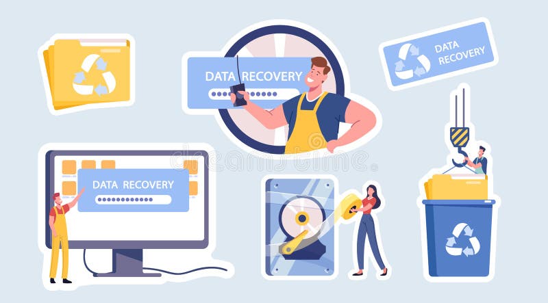 Data Recovery Service Isolated Stickers, Backup and Protection, Hardware Repair. Worker Characters Fixing Broken Pc stock illustration