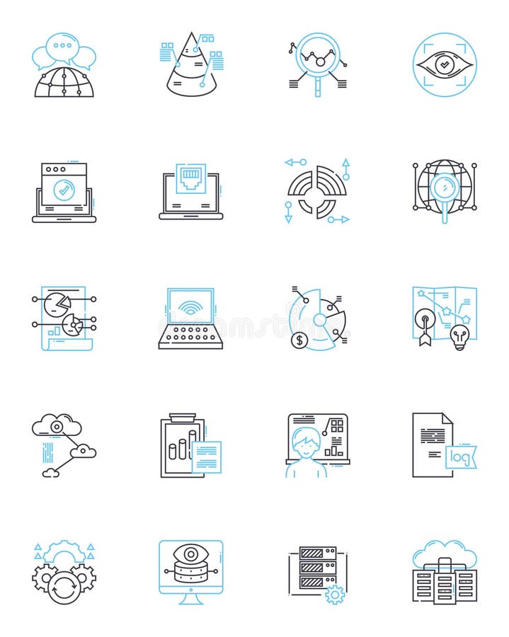 Data research linear icons set. Analytics, Big data, Clustering, Correlation, Data mining, Descriptive, Empirical line stock illustration