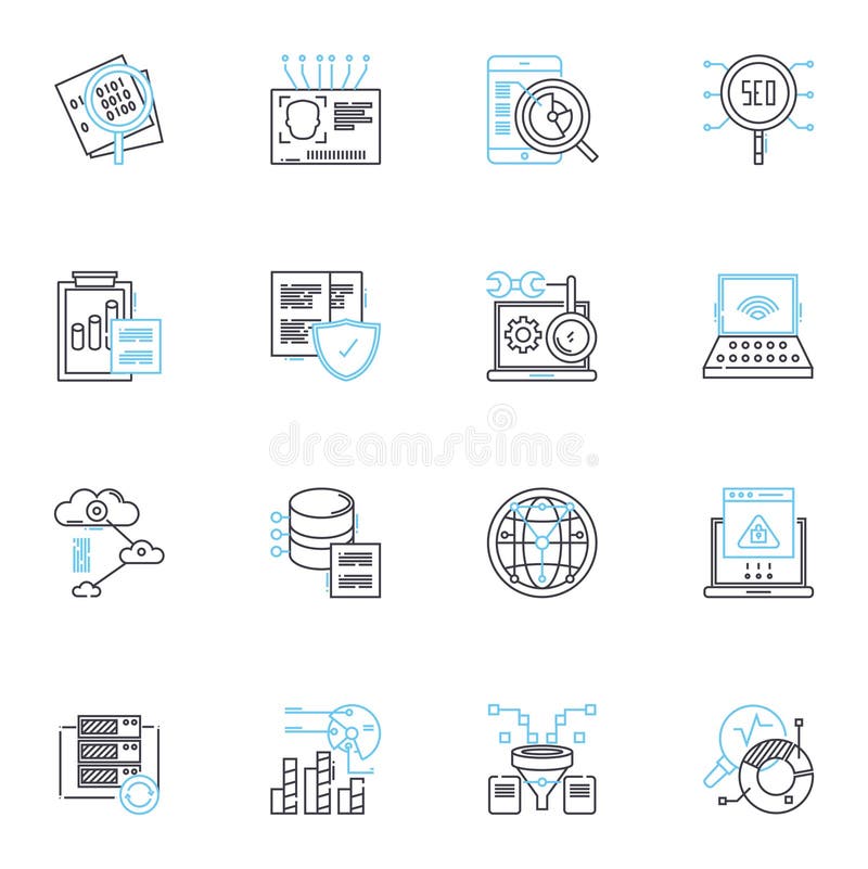 Data research linear icons set. Analytics, Big data, Clustering, Correlation, Data mining, Descriptive, Empirical line stock illustration