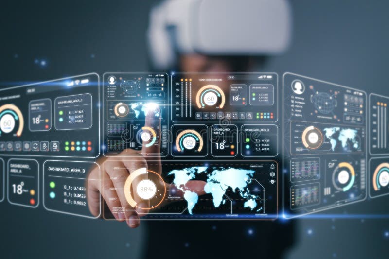 Data scientists. a programmer wears VR glass to analyze and develop various information on a futuristic virtual interface screen vector illustration