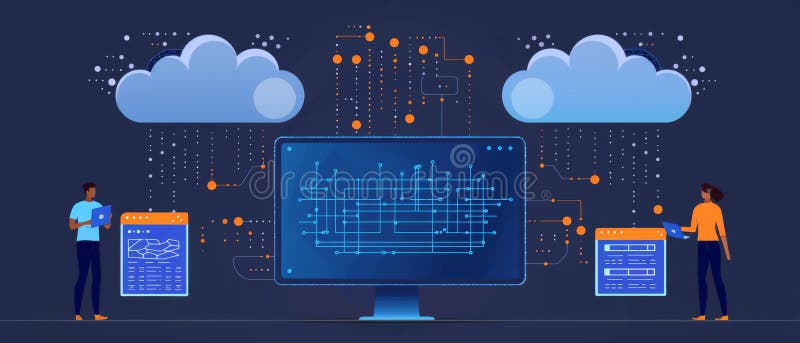 Data scientists train and deploy machine learning models for cloud-based AI applications. stock illustration