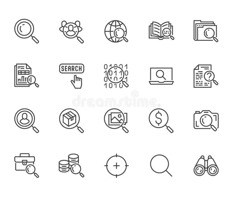 Data search flat line icons set. Magnify glass, find people, image zoom, database exploration, analysis vector stock illustration Data search flat line icons set. Magnify glass, find people, image zoom, database exploration, analysis vector stock illustration
