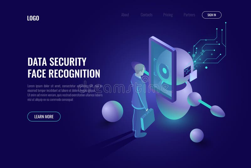 Data security, face recognition system, robot scans human, robotics technology, industry 4.0, authentication dark neon vector illustration Data security, face recognition system, robot scans human, robotics technology, industry 4.0, authentication dark neon vector illustration