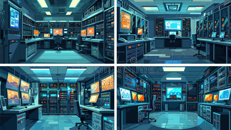 Data server room cartoon vector concepts. Monitor table screen chair seat desk rigs racks cables center network computer stock illustration