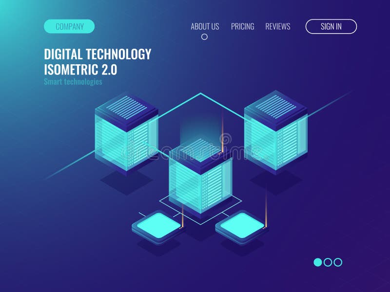 Data server room rack, bigdata processing scheme, networking topology concept, batabase datacenter icon, neon isometric stock illustration