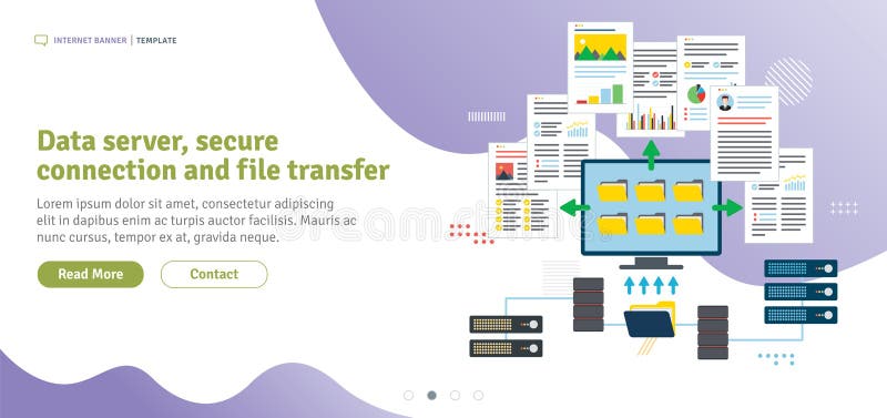 Data server, secure connection and file transfer vector illustration