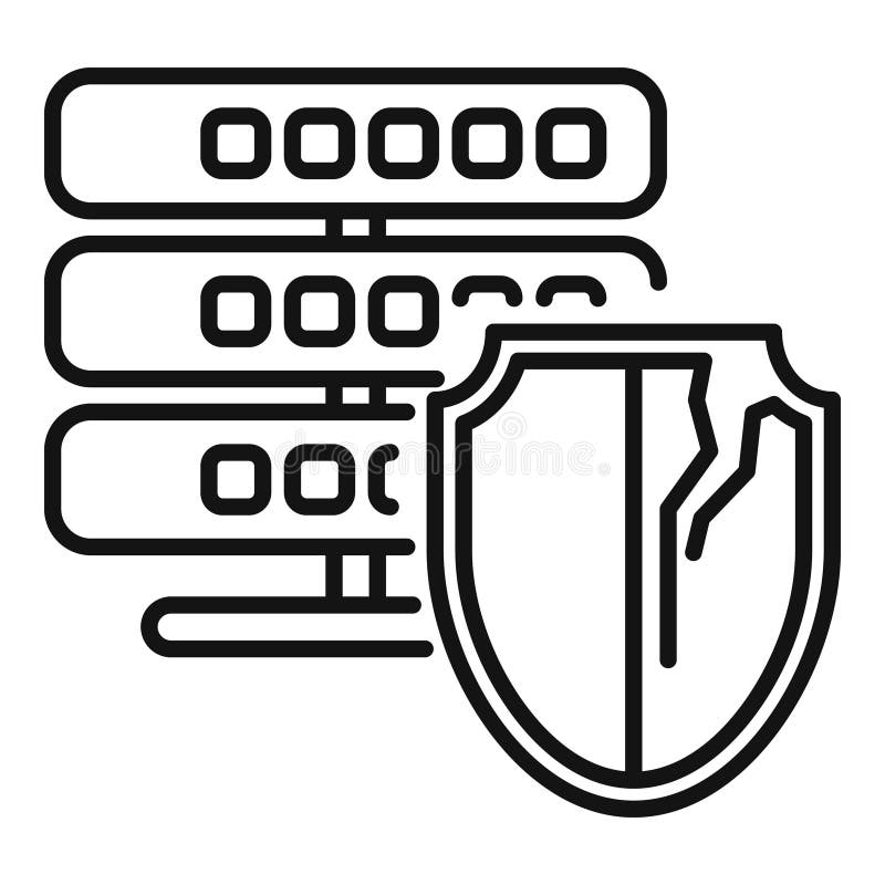 Data server security breach with broken shield icon. Outline style icon representing a data server security breach with a broken shield
