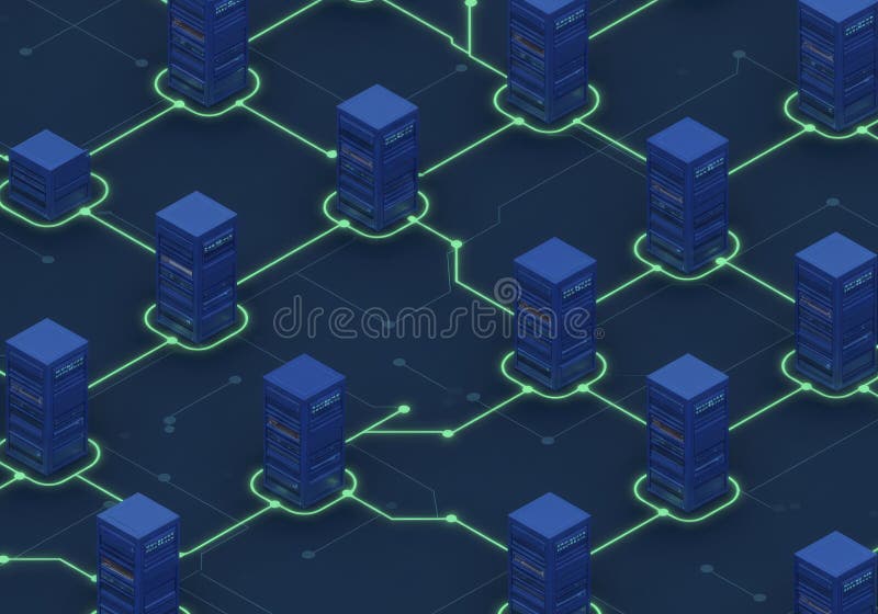 Data Servers Connected with Green Network, Dark Background vector illustration