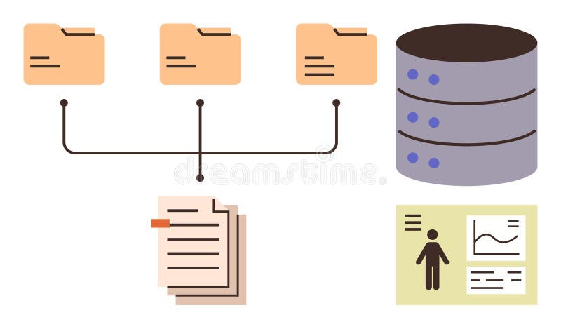 Data Storage and Management Using Folders, Database, and Documents in a Flat Design Concept vector illustration