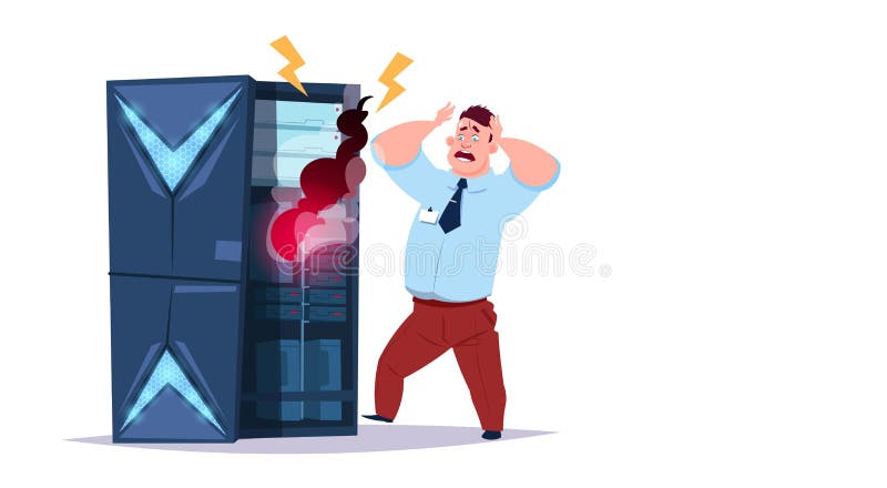 Data storage problem center with hosting servers and staff. error computer technology, network and database, internet royalty free illustration Data storage problem center with hosting servers and staff. error computer technology, network and database, internet royalty free illustration