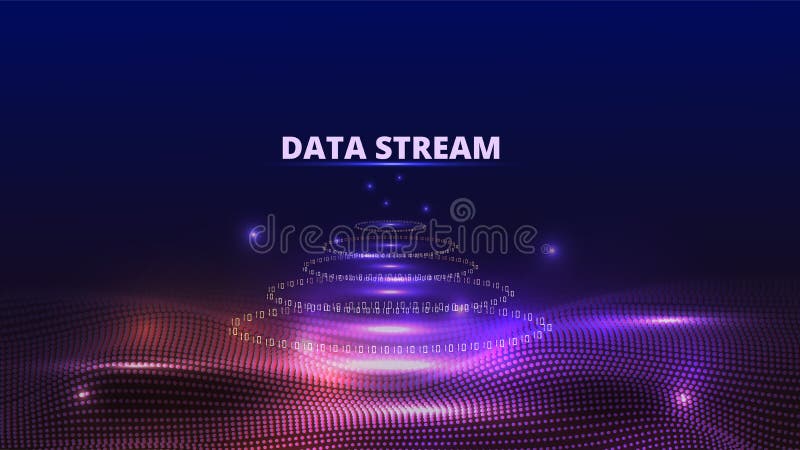 Data stream background. Binary code circle flow. Abstract music wave. Big sound. Science tech coding. Numbers and dots. Glow sparkles. One or zero symbols. Digital program pattern. Vector 3D wallpaper. Coding mesh vectors