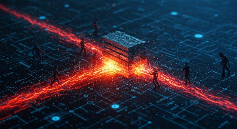 Data Stream Convergence Abstract art depicting data flow converging on a central processing unit Miniature figures represent stock illustration