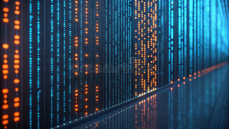 Data Stream Perspective View, Blue and Orange LEDs, Digital Wall royalty free illustration