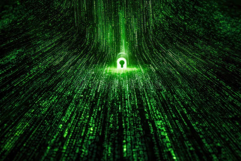Data streams converging on digital lock, symbolizing data privacy and security royalty free stock photo