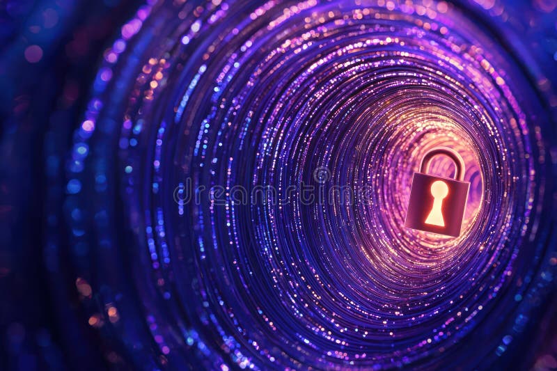 Data streams converging on digital lock symbolizing data privacy and security stock photo