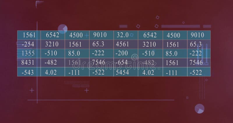 Data table with numerical values over red background with geometric shapes image vector illustration
