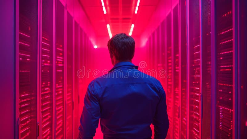 Data technician in neon-lit server room with vibrant colors royalty free stock image
