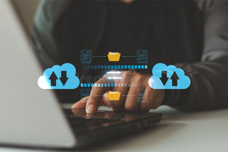 Data transfer with cloud technology service, backup, recovery, Businessman transferring document computer stock illustration