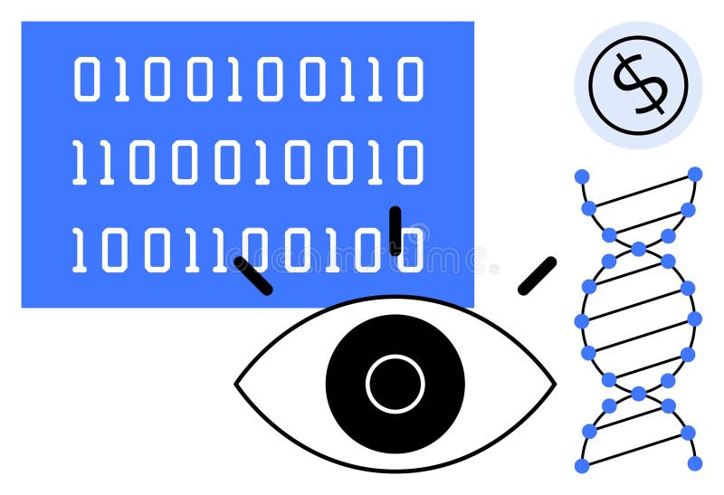 Data Visualization with Binary Code, Eye, DNA Strand, and Dollar Sign Concept stock illustration