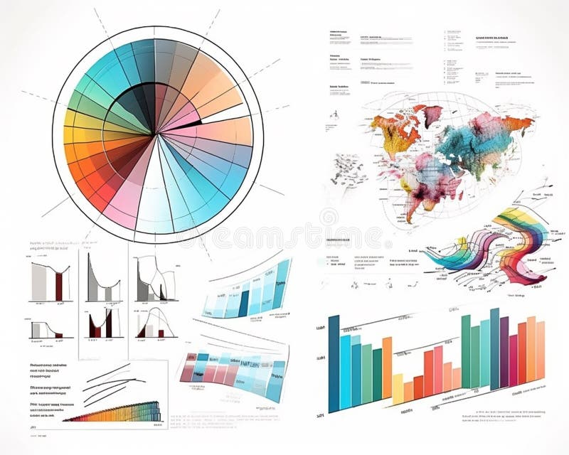 Data visualization charts diagrams, vibrantly illustration with white background. Data visualization charts diagrams vibrantly illustration. Data visualization: AI generators can efficiently process and visualize complex data sets, making it easier for companies to present information in a visually appealing and understandable manner. This is particularly useful for charts, graphs, and infographics.
