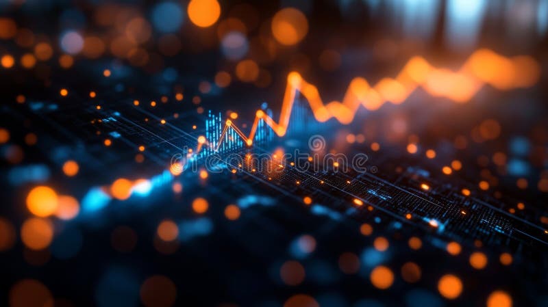 Data visualization displaying an upward trend in analytics with glowing elements stock photos