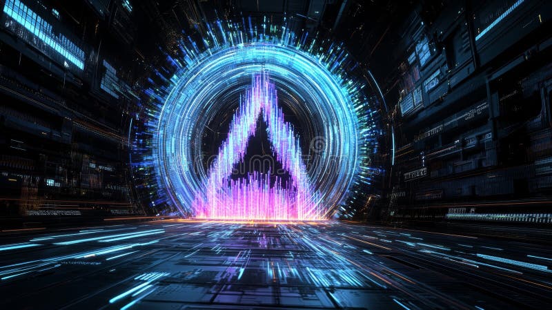 Data visualization and financial analysis are depicted through an abstract 3D rendering of glowing neon bar charts, line royalty free illustration