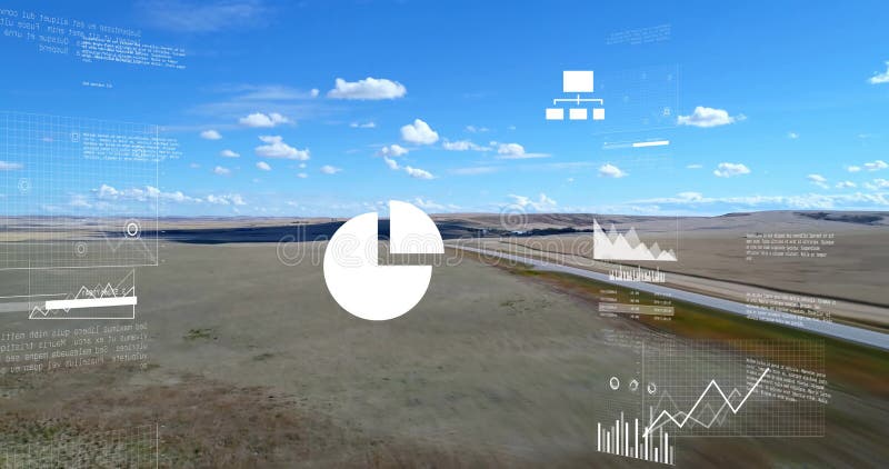 Data visualization graphics overlaying aerial view of landscape in animation stock footage
