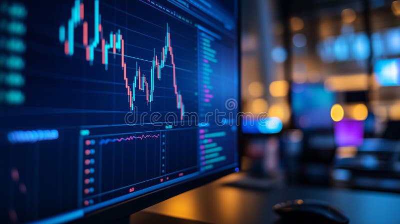 Data visualization of stock market trends on a computer screen at night royalty free stock photo