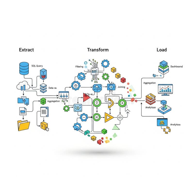 Data workflow diagram showing extract, transform, load processes in analytics royalty free illustration