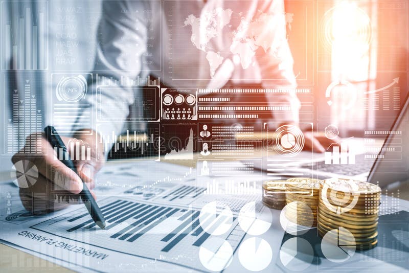 Data Analysis for Business and Finance Concept. Graphic interface showing future computer technology of profit analytic, online marketing research and information report for digital business strategy. Data Analysis for Business and Finance Concept. Graphic interface showing future computer technology of profit analytic, online marketing research and information report for digital business strategy